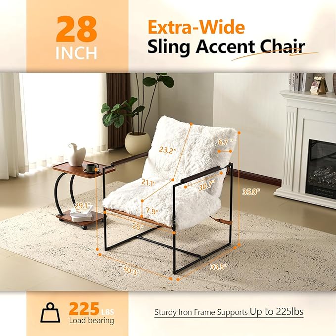 VINGLI 28" Wide Plush Upholstery Sling Modern Accent Chair Set of 2, Cute Reading Armchair with Removable Seat Cushion & Tan Microfiber Seat Base, Lazy Chair for Bedroom & Lounge, White