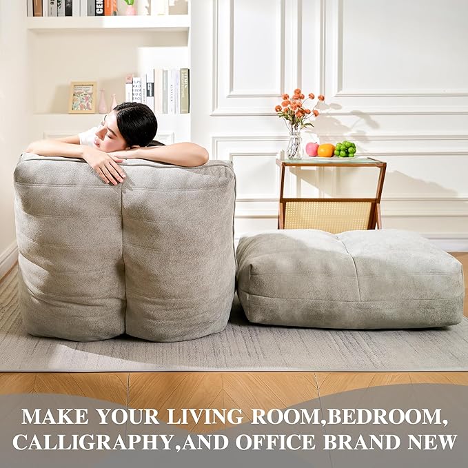 Cvortll Bean Bag Chair with Ottoman, Comfy Bean Bag Sofa with Memory Foam, Lazy BeanBag Sofa with Footstool, Fireside Bean Bag Couch for Living Room, Bedroom, Apartment (Gray)