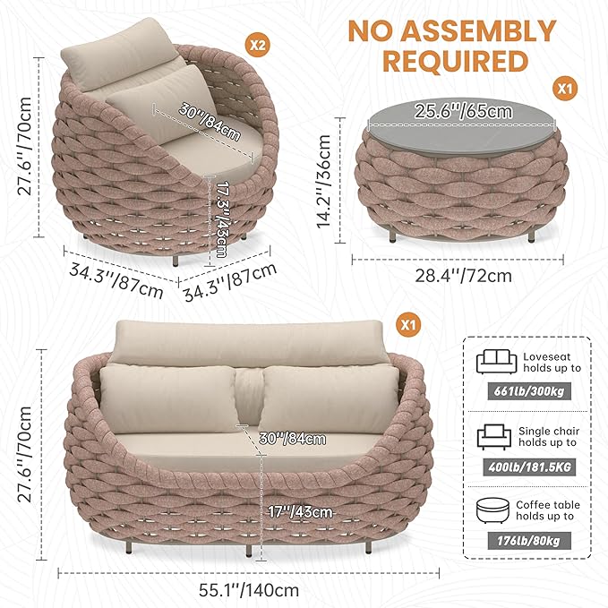 Erotr 4 Piece Aluminum Patio Furniture: Hand Woven Rope Sofa - Modern Outdoor Sofa Seating with Cushion - All Weather Patio Set for Deck, Yard, Garden, Poolside, Hotel - Terracotta