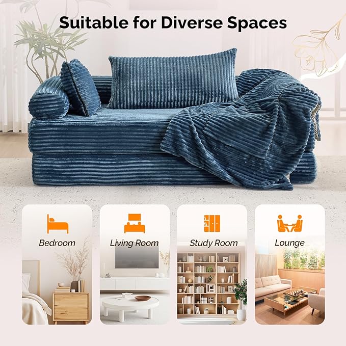 VINGLI Convertible Futon Sofa Bed, Upholstered Corduroy Boneless Couch King Size Floor Loveseat Sleeper Sofa with 2-in-1 Throw Pillow, Couches for Living Room, Bedroom, Lounge, Navy Blue