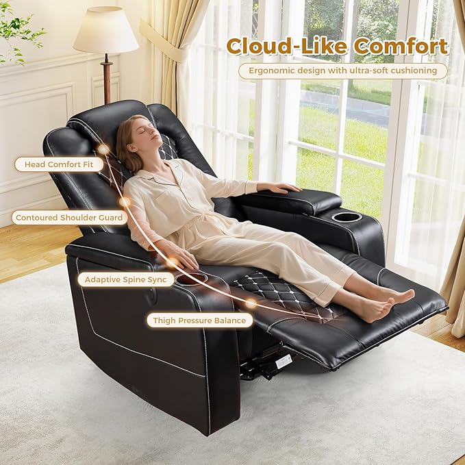 ANJ Power Recliner Chair with USB Ports and Cup Holders - Overstuffed Electric Home Theater Seating PU Leather Reclining Furniture with Hidden Arm Storage, Easy to Clean (Black)