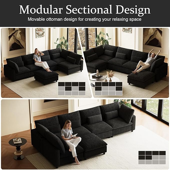 130" W x 67" D U Shape Sectional Sofa with USB Charging & Cup Holder & Storage, 6 Seater Plush Corduroy Couches with Movable Ottoman, Cloud Couch Sofas for Living Room, DIY Combination - Black