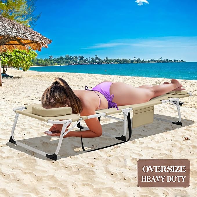 DoCred Heavy Duty Tanning Chair with Face Hole, Adjustable 5-Position Folding Chaise Lounge Chairs for Outside, Portable Lay Flat Beach Lounge Chair for Outdoor Sunbathing Beach Pool Lawn Camping