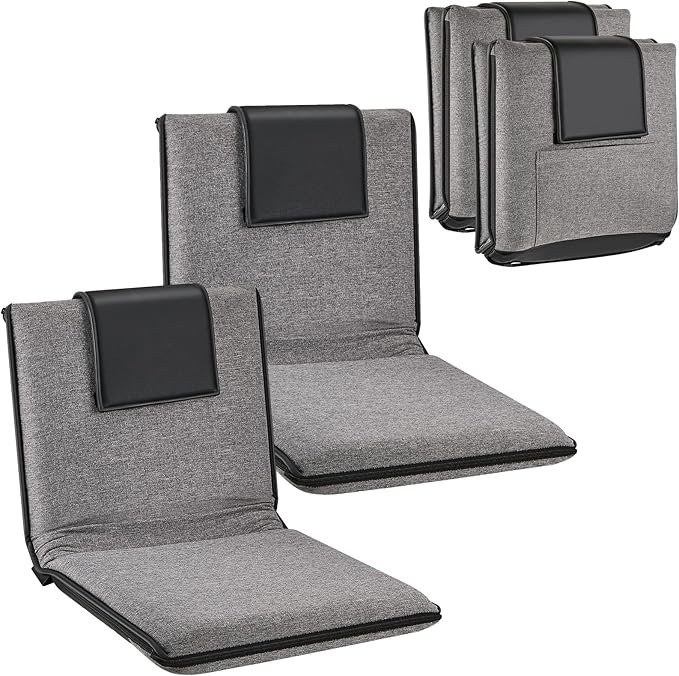 2 Pcs Adjustable Floor Chair with Back Support, Padded Seat, Portable, Meditation Cushion, Fully Folding Backrest for Adult, Kid, Gaming - Linen Washable Cover, Nylon Bottom (Gray, Black)