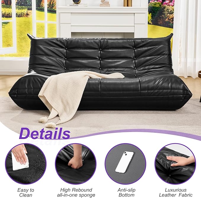 Hobestluk Bean Bag Chair Giant Bean Bag Sofa 3 Seater Bean Bag Chairs for Adults, Loveseat Floor Chair, Leather Bean Bag Chairs for Living Room Bedroom Office (Black, 3-Seater)