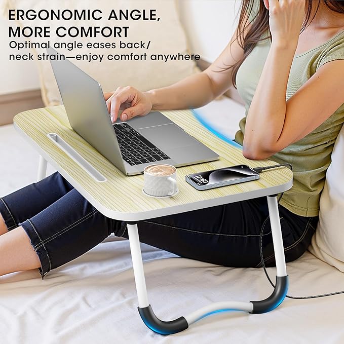 Folding Lap Desk, 23.6 Inch Wood Laptop Bed Desk with Cup Holder, Portable Bed Table for Working Writing Reading & Eating for Bed, Sofa, Couch, Floor - White