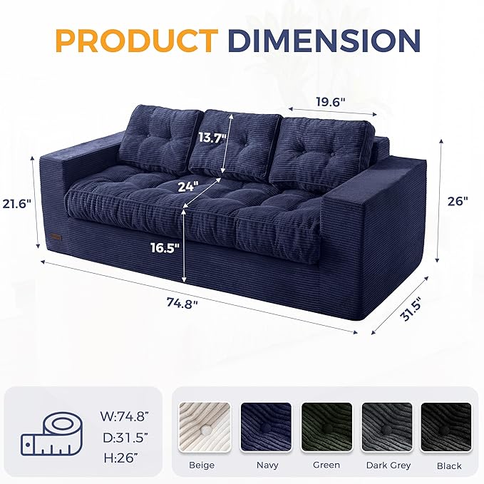 MAXYOYO 3-Seater Boneless Sofa Couch, Tufted Corded Sofa Lounge for Living Room, Comfy Bean Bag Chair High-Density Foam Couch with Pillows, No Assembly Required
