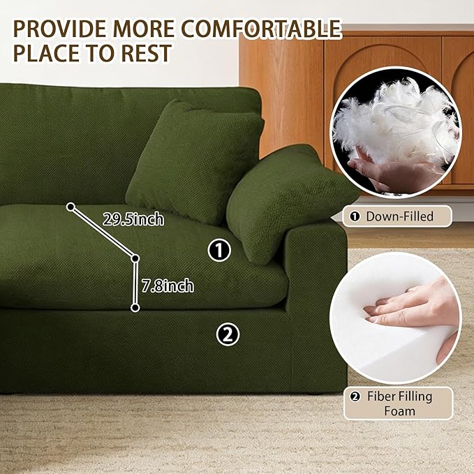 Forest aesthetics L-Shaped Modular Cloud Sectional Sofa,2-Seater with Chaise,Modern Down Filled Detachable Couch for Living Room,Office & Small Apartment,Green