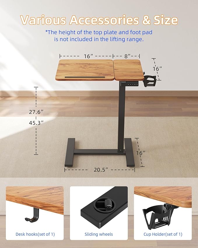 YIHAYO Electric Adjustable Overbed Bedside Table with Wheels, 24 x 16 Inches Mobile Standing Desk, Laptop Desk, Movable Overbed Tables Hospital Home Use, Rustic Brown