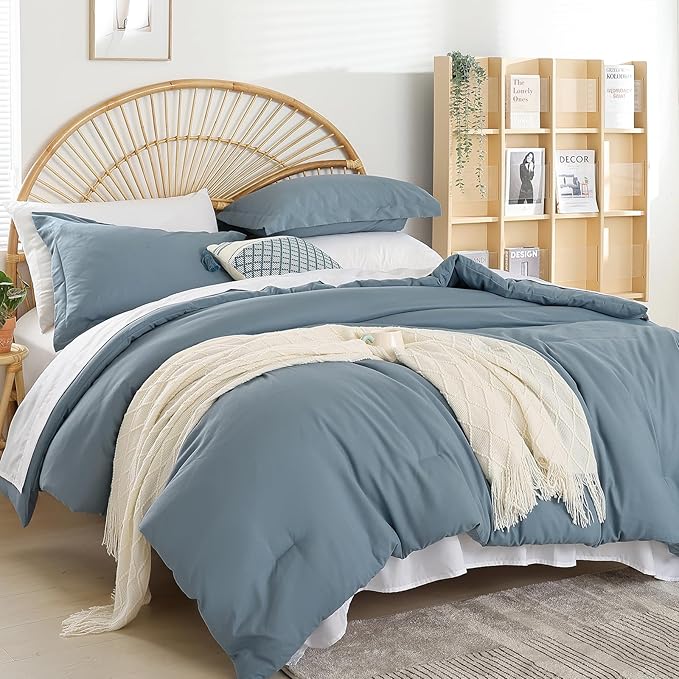 weigelia Dusty Blue Comforter Set 7 Pieces Queen Comforter Set Soft Lightweight Comforters Queen Size Bedding Set with Sheets for All Season