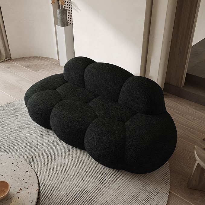 WJShome 90" Modern Curved Cloud Shaped Couch for Living Room,Lazy Floor Couch, Boucle LoveSeat 3 Seater Sofa, Cozy Leisure Boneless Couches for Bedroom, Apartment-No Assembly Required (Black)
