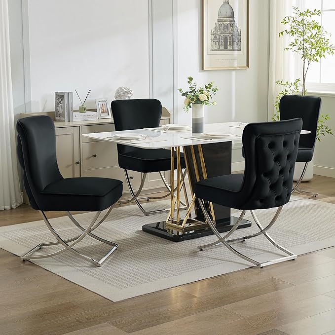 WUTUTUEE Luxury Velvet Dining Chairs, Tufted Upholstered Armless Accent Chairs with Silver Metal X-Legs, Modern Glam Dining Room Chair Set of 6, Black