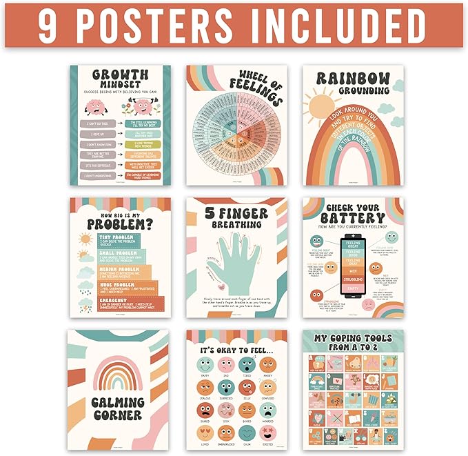 Hadley Designs 9 Calming Corner Posters For Classroom Must Haves For Teachers -11x14 Calm Down Corner Supplies, Feelings Chart For Kids Ages 4-8, Feelings Wheel Poster, Retro Classroom Decor