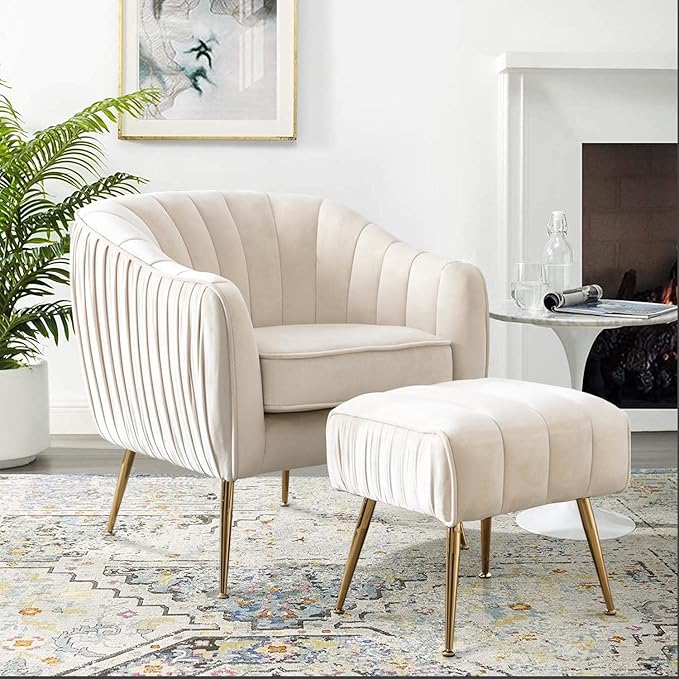 Altrobene Velvet Accent Chair, Modern Barrel Chair, Living Room Bedroom Arm Chairs, Golden Finished, Beige