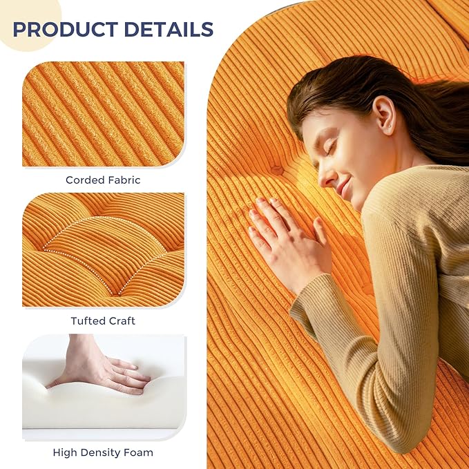 MAXYOYO Tri-Fold Mattress, 6 Inch Tufted Folding Futon Foam Bed, Foldable Floor Mattress Guest Bed Futon Topper Portable Camping Sleeping with Corded Fabric, Orange, 59"x79"
