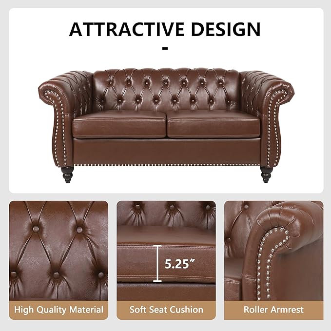 QHITTY Chesterfield Loveseat, Accent Sofa Modern Leather Couch Upholstered Sofa with Tufted Back for Living Room Furniture (Dark Brown)