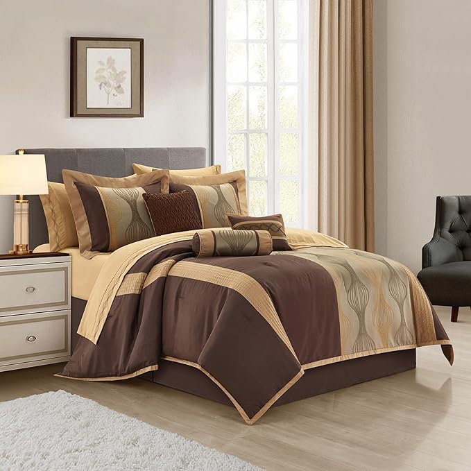 Grand Avenue Elegant Brown Comforter Set Queen Size, Striped,15 Piece Room-in-A-Bag, Jacquard Bedding Set, All Season, Matching Decorative Pillows, Pillow Sham, Curtains