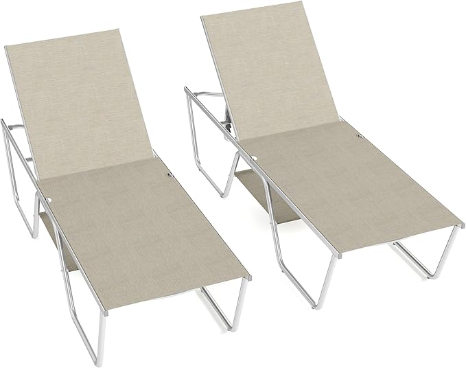 PHI VILLA 78" Oversized Outdoor Chaise Lounge Chair Set of 2, 27" Extra Wide Foldable, 5-Position Adjustable, UV50+ Textilene Mesh, Rust-Proof Aluminum Frame, Khaki Beige