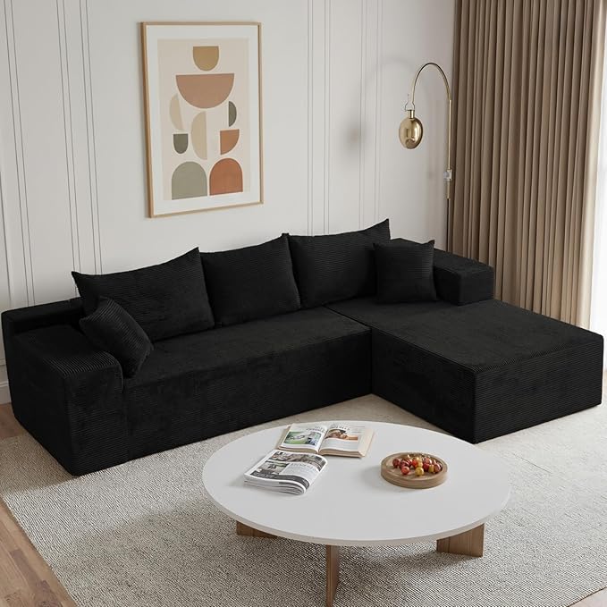 Sectional Cloud Boneless Couch for Living Room Bedroom, Comfy Modern L Shaped Modular Sofa with Right Chaise, Deep Seat Upholstered Memory Foam Couch in Box, No Assembly (Fine Striped Corduroy, Black)
