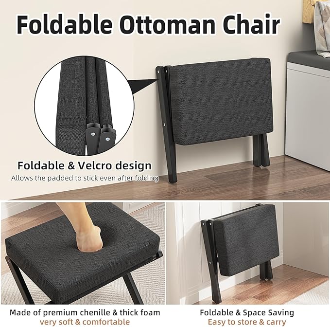 Foldable Foot Stool Ottoman, Modern Foot Rest with Bamboo X Legs & Thick Foam Cushion, Folding Foot Stools Small Padded for Bedroom Living Room, Footstool for Chair Couch (Black - Black)