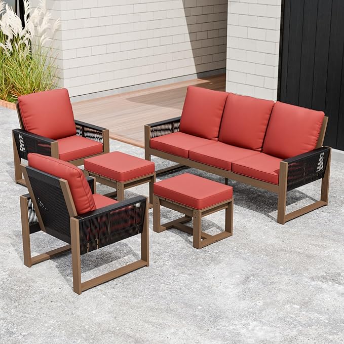 INTER HUT Rustic Hideaway Natural Cedar Wood Outdoor Furniture Set, Wicker Patio Conversation Set for Porch Garden Backyard, Couch, 2 Patio Chairs and 2 Ottomans, 5 Piece, Brownish/Red