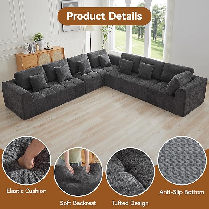 140''Cloud Boneless Couches for Living Room, Modular Sectional Compressed Sectional Sofa, Oversized L Shaped 7 Seater Upholstered Memory Foam Sofa, No Assembly, Chenille Grey