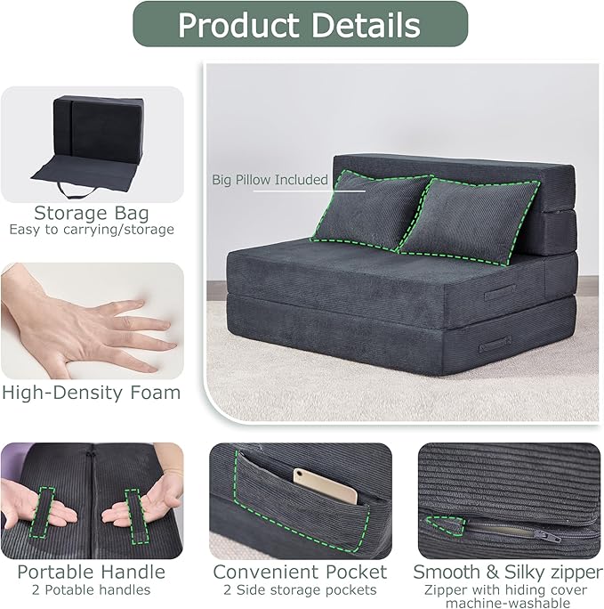 HILERO Folding Sofa Bed, 4 in 1 Convertible Sleeper Chair with Pillow, Twin Memory Foam Fold Out Chair Bed, Modern Floor Futon Sofa Couch Mattress for Living Room/Guest/Apartment, Dark Grey