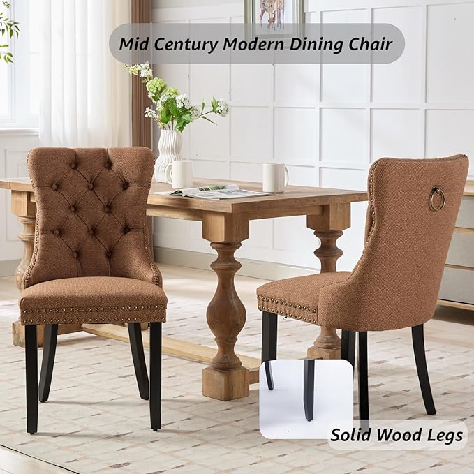 YeahFurn Espresso Brown Mid Century Modern Dining Chairs Set of 4, Linen Upholstered Kitchen & Dining Room Chairs with Nailhead Trim & Solid Wood Legs, Elegant Sillas De Comedor (Coffee, 4 Pcs)