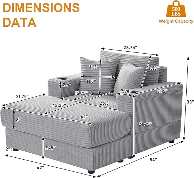 DAMAIFROM Oversized Chaise Lounge Chair Indoor with USB, Cup Holder & Ottoman, Firm Solid Wood Frame with Long Service Life Corduroy Oversized Lounge Reading Chair for Study Room - Grey