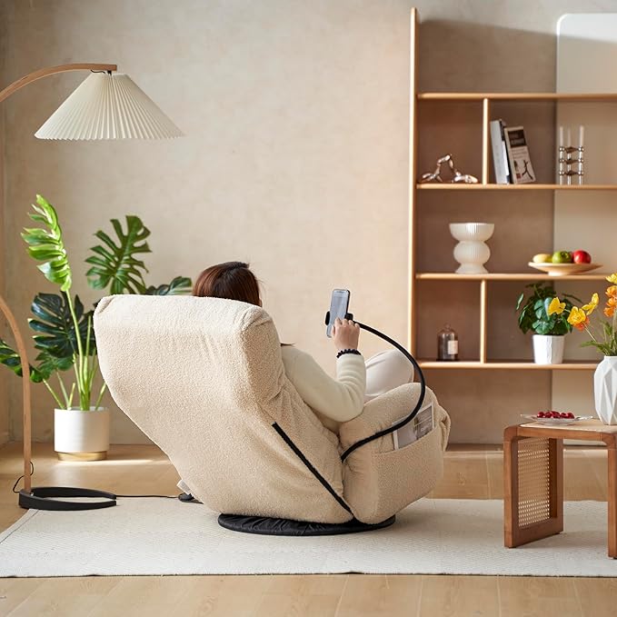 Lounge Sofa Chair with Side Pocket Armrests & Phone Holder. Gaming Chair for TV, Reading,Video,Games.Indoor Floor Chaise in Livingroom, Bedroom.Adjustable Foldable Backres&360° Swivel (Beige)