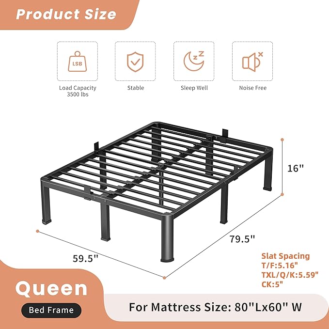 VIPSHOW 16 Inch Queen Heavy Duty 3500 lbs Bed Frame with Round-Corner Legs & Anti-Squeak Design – Quick Assembly Metal Platform, No Box Spring Needed
