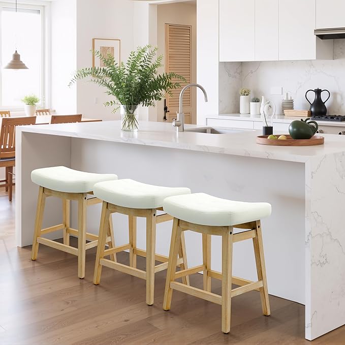 RNKSFX Counter Height Bar Stools Set of 3 for Kitchen Counter Backless Farmhouse Kitchen Island Barstools with Upholstered Faux Leather Saddle Seat and Solid Wood Legs Modern 24 inch Bar Chairs, White