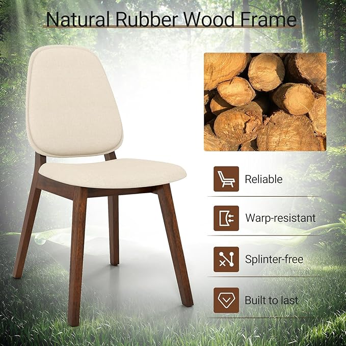 Giantex Wooden Dining Chairs Set of 2, Linen Fabric Upholstered Dining Room Chairs w/Rubber Wood Frame, Padded Seat, Curved Back, Mid-Century Modern Kitchen Side Chair for Home Living Room