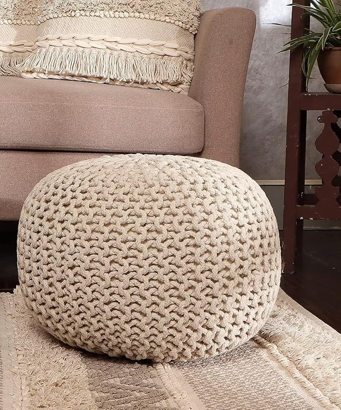 REDEARTH · Round Pouf Ottoman - Cable Knitted Boho Poof - Home Décor Cord Pouffe Handmade Circular Footrest for Living Room - Bedroom - Kids Bedroom - 100% Cotton Pouf (19.5"x19.5"x14") - Natural