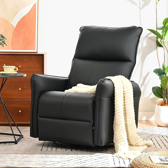 QKFF Swivel Rocker Recliner Chair, Upholstered 360° Fabric Leather Glider Rocker Chair for Nursery, Manual Small Recliners for Small Spaces Living Room Weight Capacity 300lbs