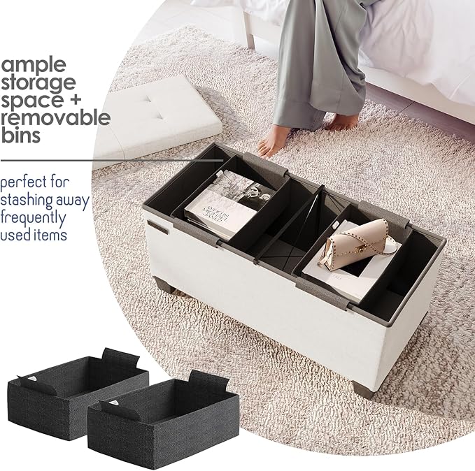 Storage Ottoman Bench with Bins, 30-in Storage Bench for Bedroom End of Bed, Folding Foot Rest Ottoman for Living Room Max 660lbs, Fabric Ottomans, Cream