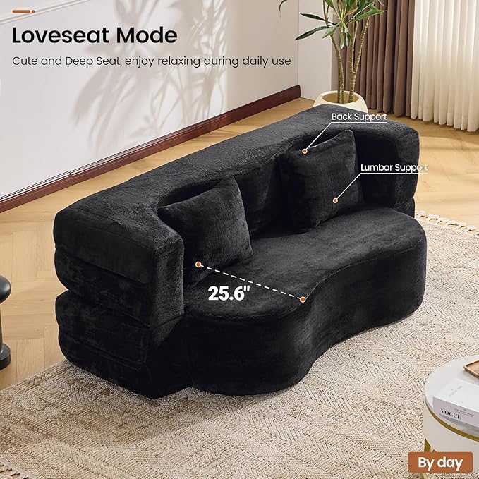 Orynveela Convertible Folding Sofa Bed, 71” Single Size Floor Sleeper Couch, Chenille Full Foam Futon Loveseat for Living Room Bedroom, No Assembly Required (Black)