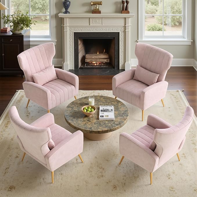 Nalupatio Modern Accent Chairs for Set of 4 Upholstered Velvet Fabric Reading Chair Mid Century Arm Chair Comfy Armchair for Living Room,Pink