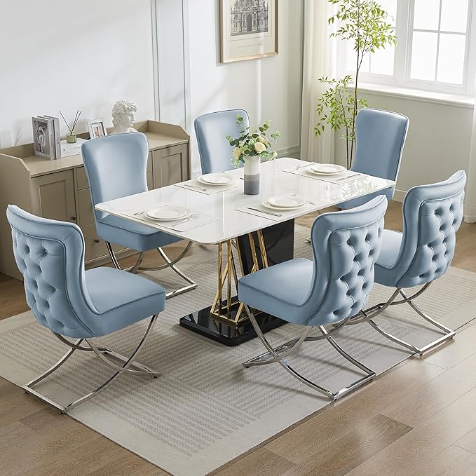 WUTUTUEE Luxury Velvet Dining Chairs, Tufted Upholstered Armless Accent Chairs with Silver Metal X-Legs, Modern Glam Dining Room Chair Set of 4, Light Blue