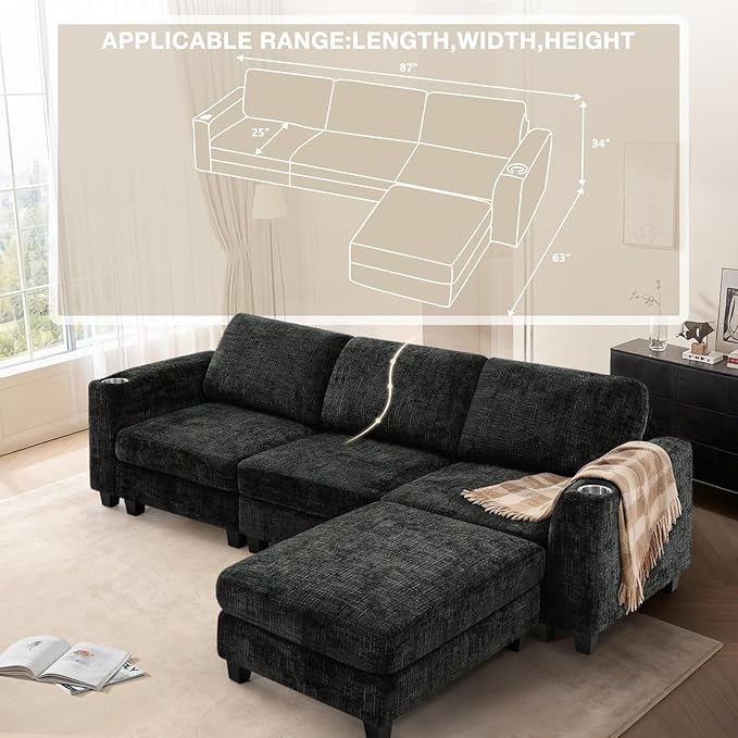 Lesofair 87" Convertible L-Shape Couch with Flexible Ottoman, Soft Sectional Sofa with 2 Built-in Cup Holders, Chenille 3 Seats Sofa with Well-Filled Back Cushions for Living Room, House, Black