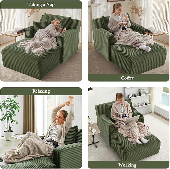 VEPXXP 65.4" Chaise Lounge Chair Indoor, Oversized Boneless Couch Comfy Upholstered Sleeper Sofa Bed with 3 Pillows, Corduroy Cloud Reading Chair for Living Room No Assembly Required, Green