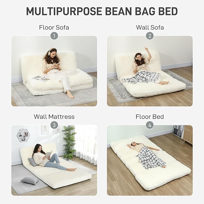 HOMCOM Bean Bag Chair Floor Sofa Bed for Adults, Thick Long Folding Sofa Bed 54 x102 in, Wall Couch Sleeper Chair Floor Mattress for Living Room, Cream White