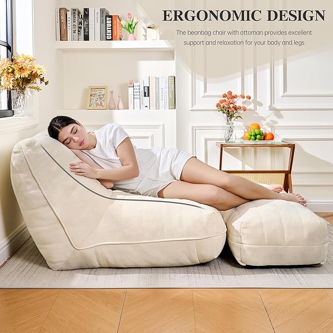 Cvortll Bean Bag Chair with Ottoman, Comfy Bean Bag Sofa with Memory Foam, Lazy BeanBag Sofa with Footstool, Fireside Bean Bag Couch for Living Room, Bedroom, Apartment (Off White)