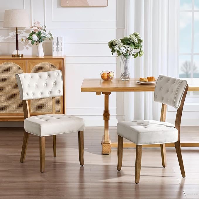 UVV Upholstered Dining Chairs Set of 2, Mid Century Modern Tufted Kitchen Chairs Dining Room Chairs, Velvet Dinner Chair with Wood Legs for Dining Room Kitchen, Beige