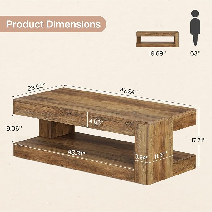 Tribesigns Coffee Table for Living Room, 47.24 Inch Farmhouse 2-Tier Accent Center Tea Cocktail Table with Storage, Brown, Rectangle