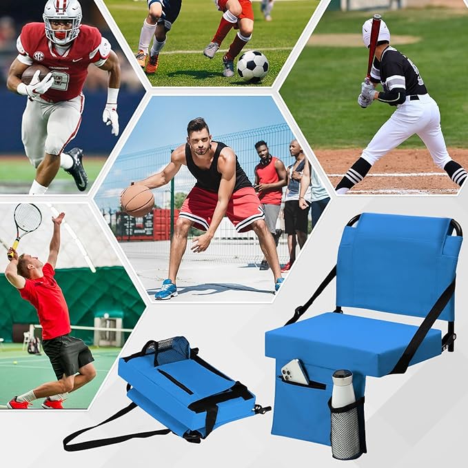 2pcs Stadium Seat for Bleachers with Back Support，Portable Bleacher Chairs with Back and Cushion，Includes Shoulder Strap and Cup Holder