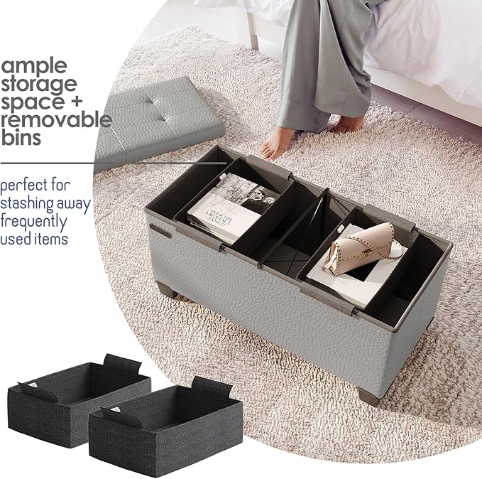 Storage Ottoman Bench with Bins, 30-in Storage Bench for Bedroom End of Bed, Folding Foot Rest Ottoman for Living Room Max 660lbs, Faux Leather Ottomans, Light Grey