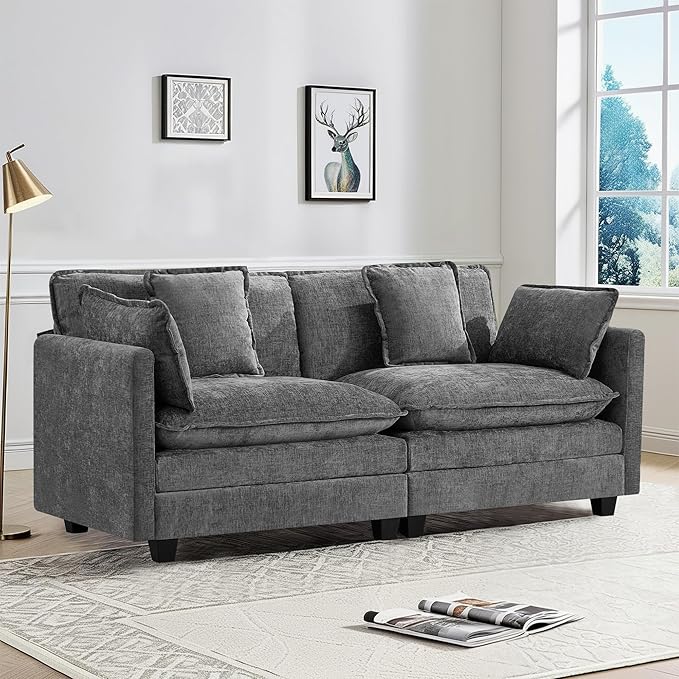 UMBFUN 2-Seater Cloud Couch, Oversized Comfy Modular Sectional Sofa with Deep Seat Cushions, Chenille Loveseat for Living Room, Apartment & Small Spaces, Grey