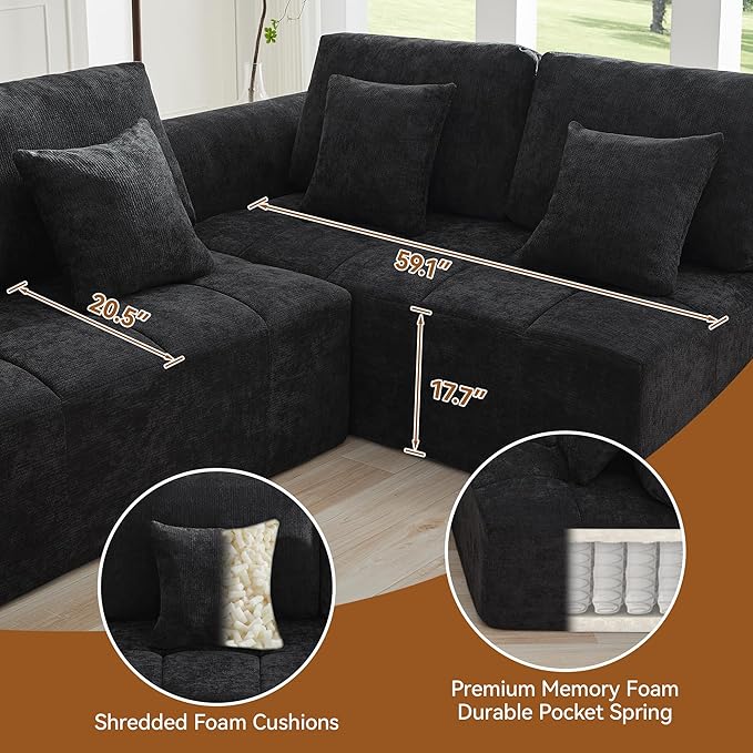 140''Modular Sectional Couches for Living Room, Cloud Boneless Compressed Sectional Sofa, Oversized L Shaped 6 Seater Upholstered Memory Foam Sofa, No Assembly, Chenille Black