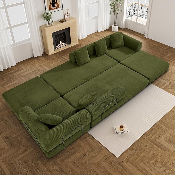 DAMAIFROM 157" Convertible Sleeper Sofa Bed Set with Pillow, 4-in-1 Corduroy Folding Mattress Boneless Couch with Fixed-Shape Frame, Fold Out Floor Sofa Cama Lounge Couch for Living Room, Olive Green